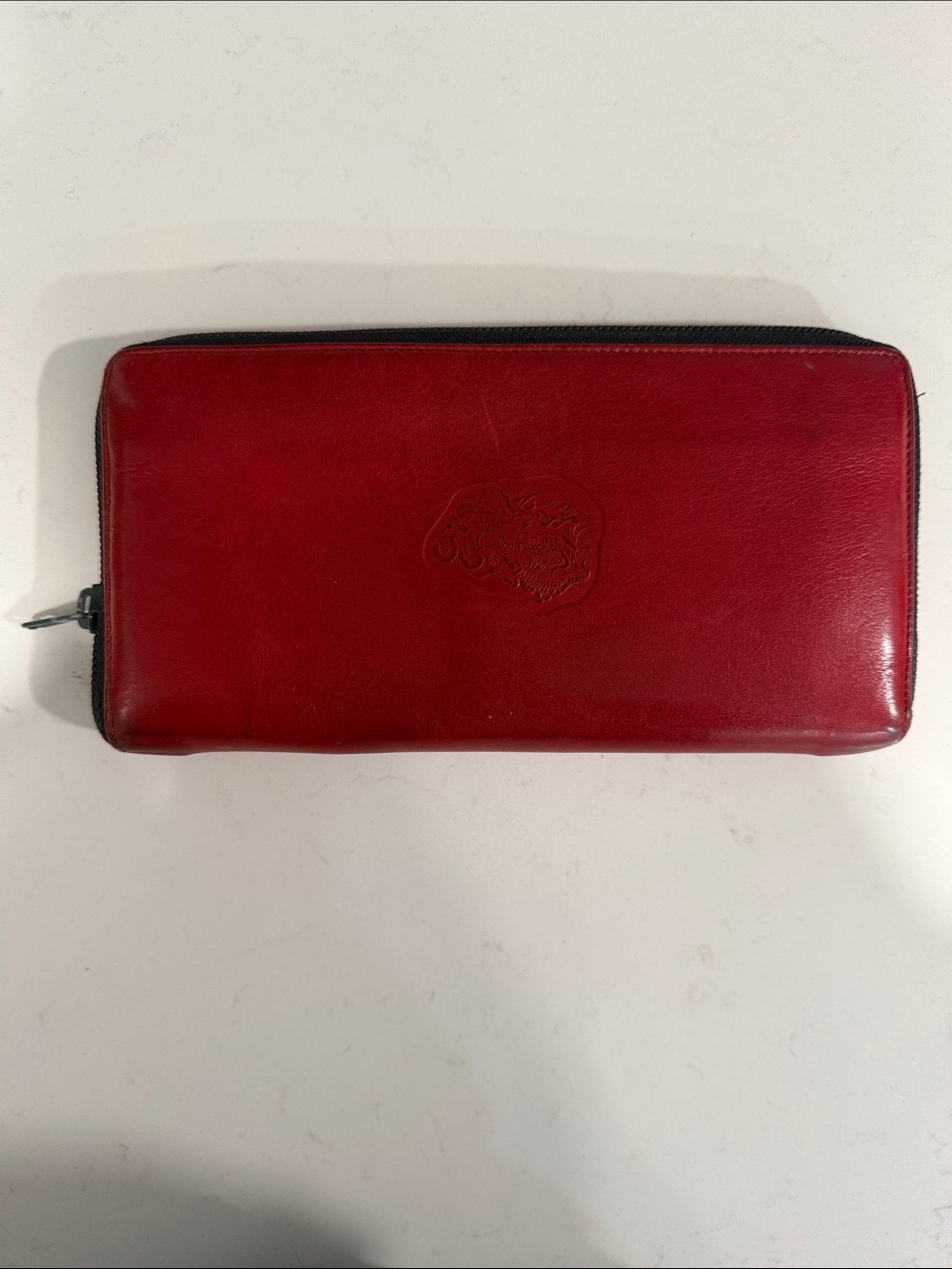 Vintage Carlos Falchi Red Leather Zip-Around Wallet with Embossed Crest Emblem